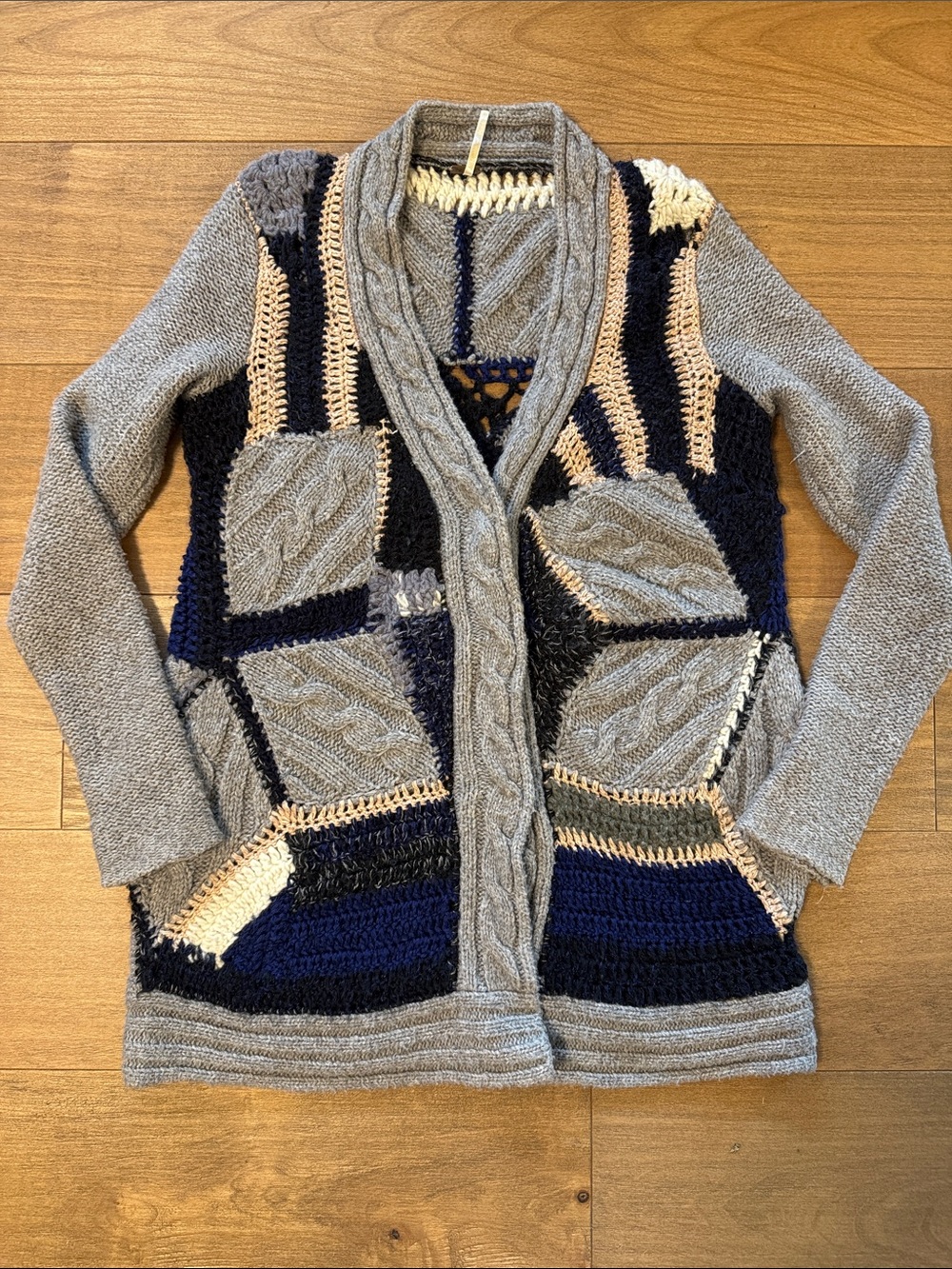 Free People Patchwork Cable Knit Open-Front Cardigan - Wool Blend